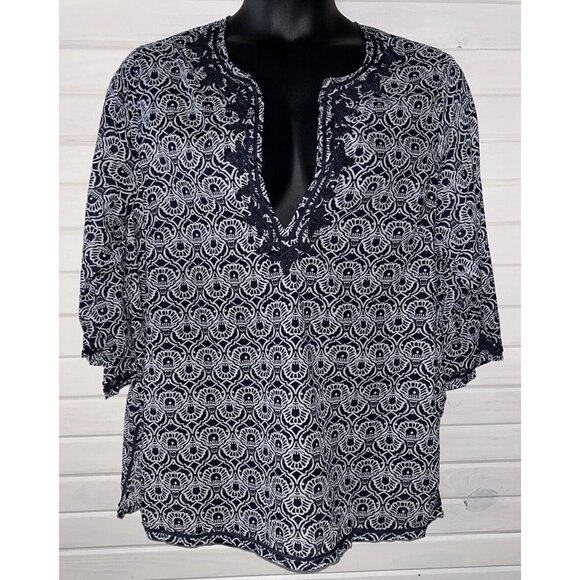 Anne Carson Sz PLUS 1X Tunic Blouse Boho Navy Blue Cotton 3/4 Sleeve Geo VGUC - Picture 1 of 12